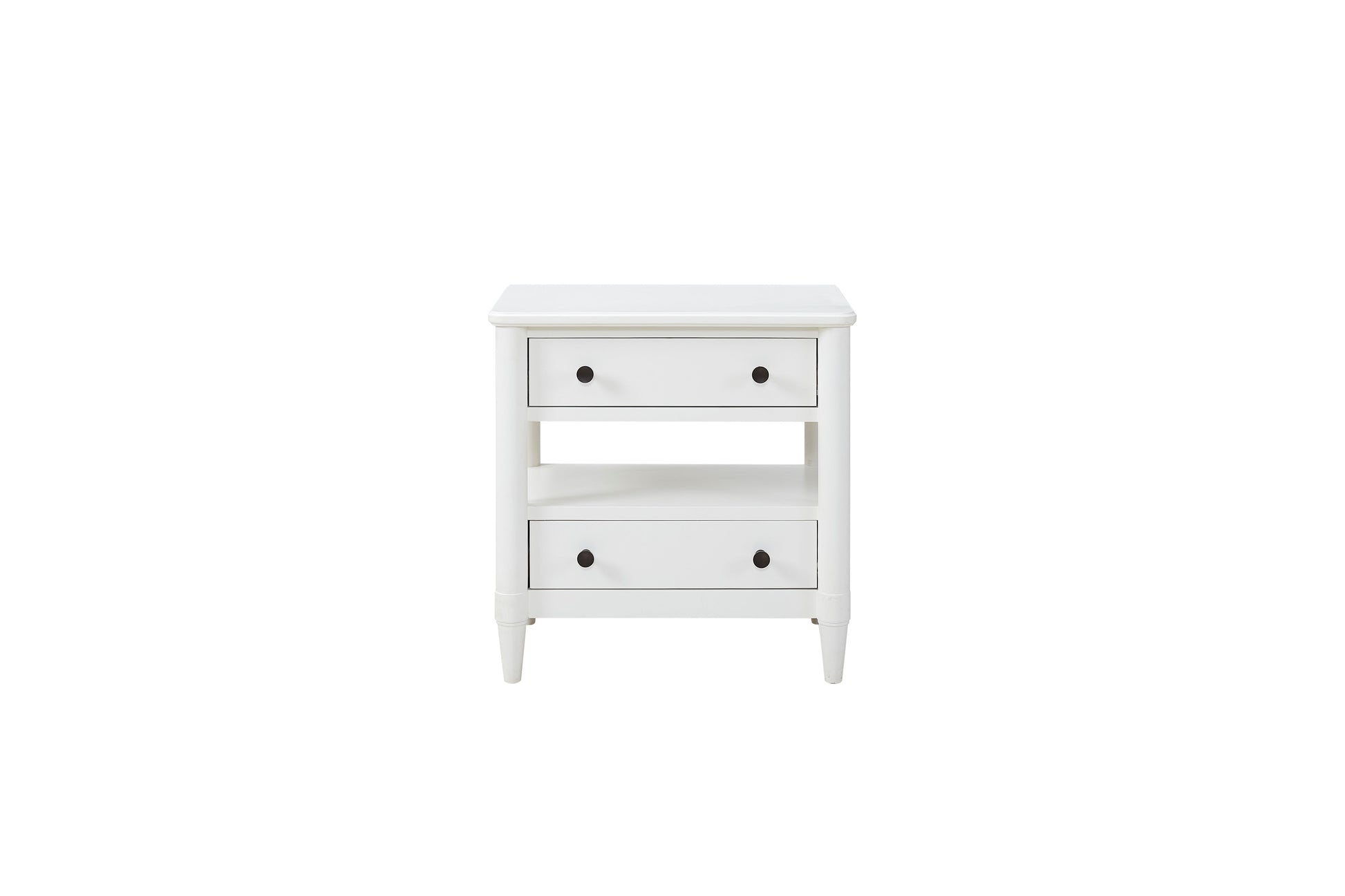 White wooden nightstand with two drawers and an open shelf