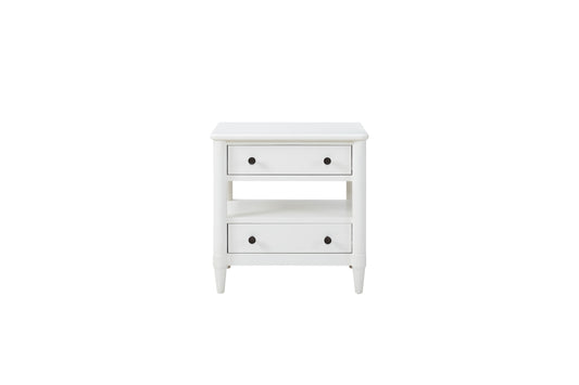 White wooden nightstand with two drawers and an open shelf