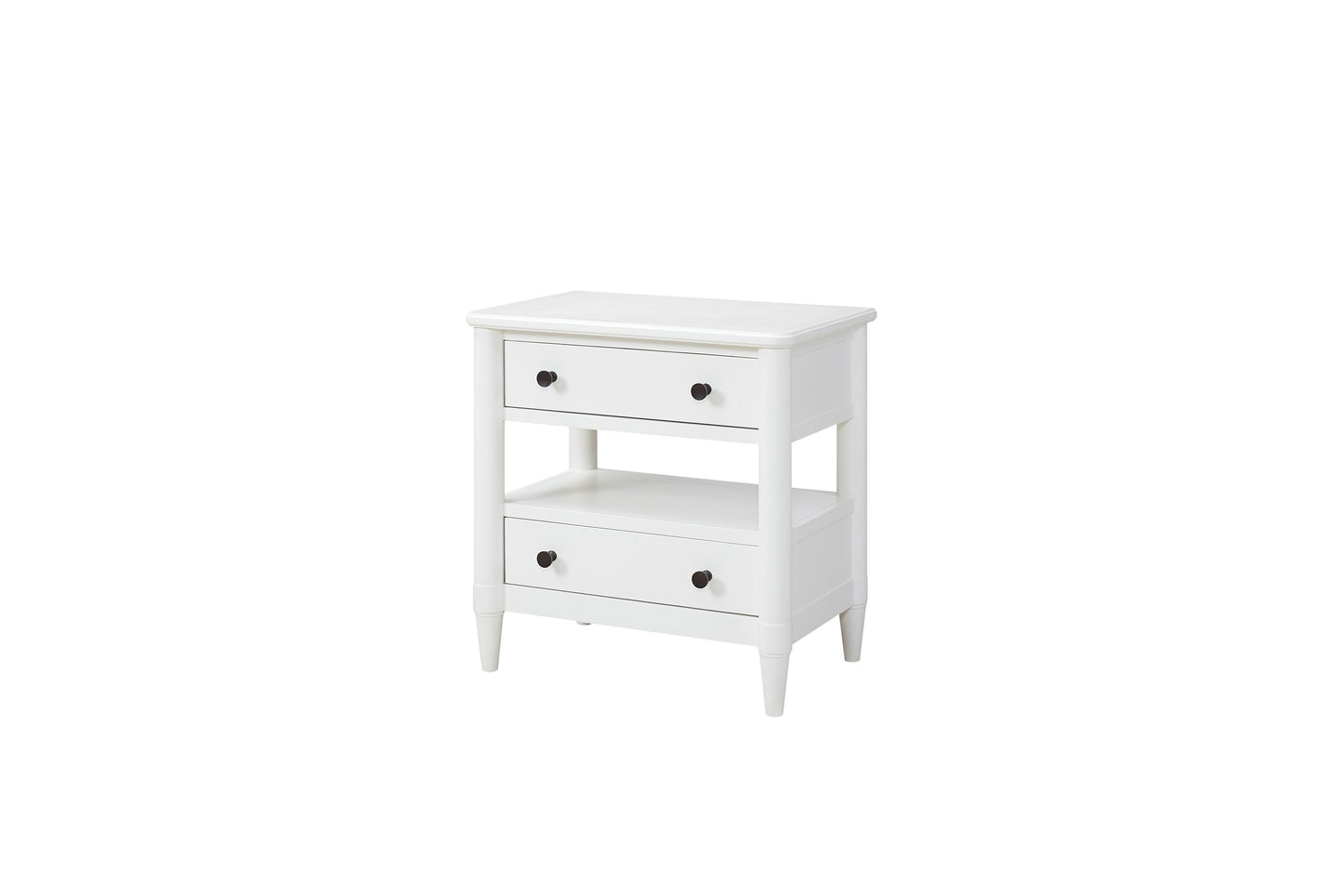 White twodrawer bedside table with black knobs and an open shelf