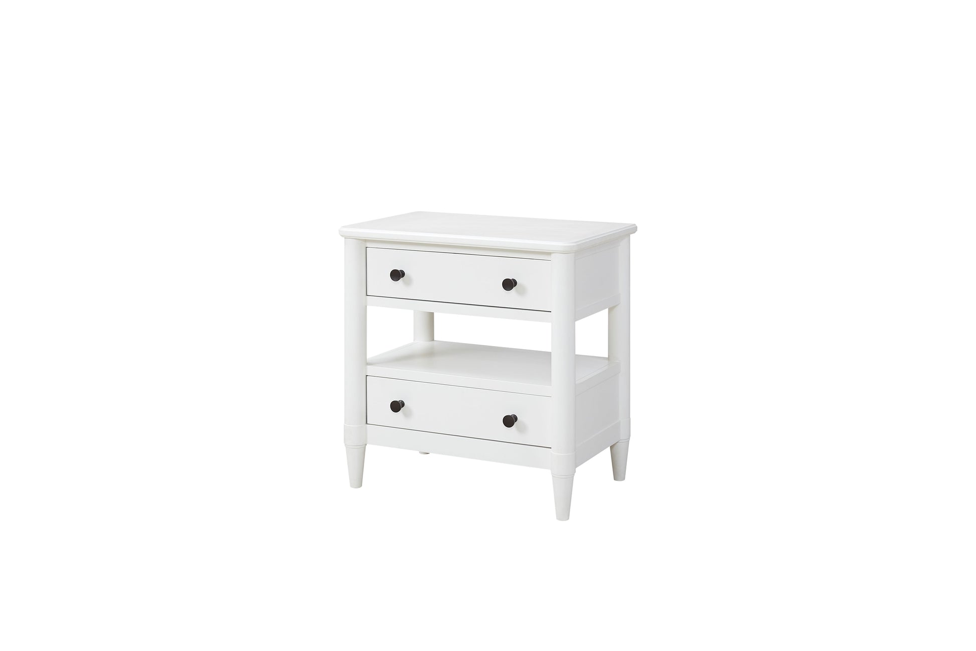 White twodrawer bedside table with black knobs and an open shelf