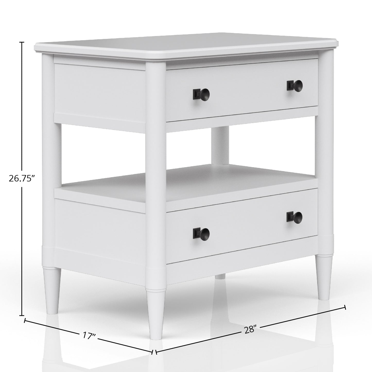 White twodrawer nightstand with tapered legs and black knobs