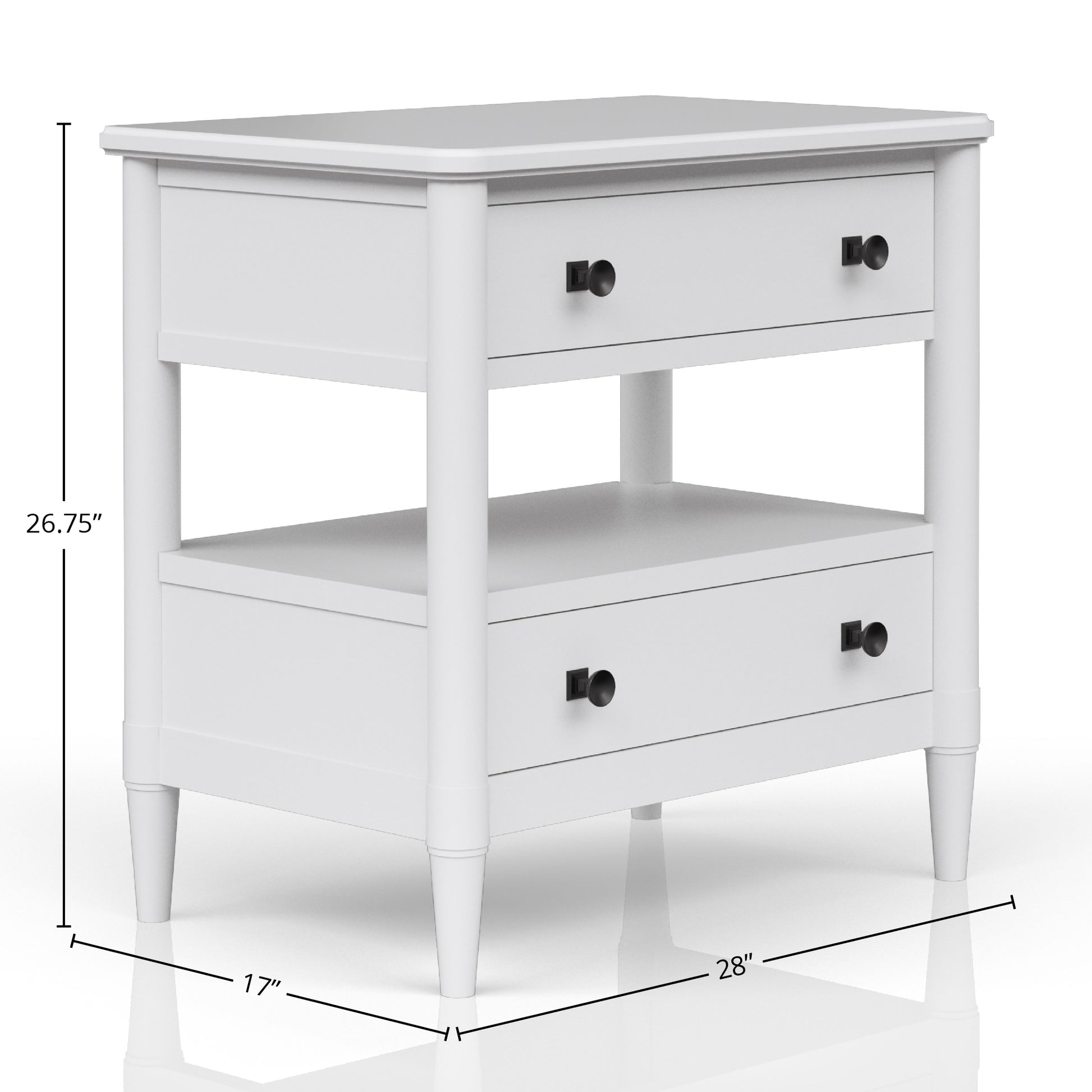 White twodrawer nightstand with tapered legs and black knobs