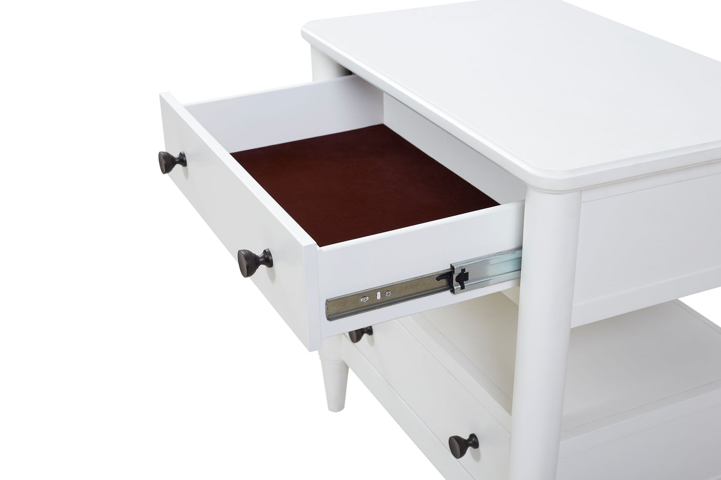 White wooden bedside table with dark drawer pull and open drawer