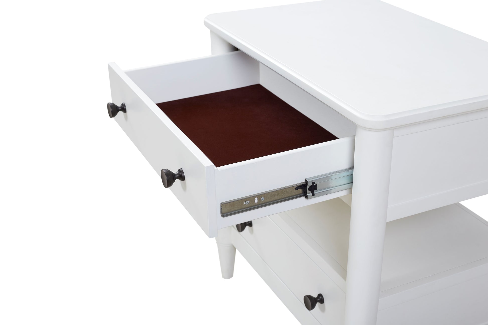 White wooden bedside table with dark drawer pull and open drawer