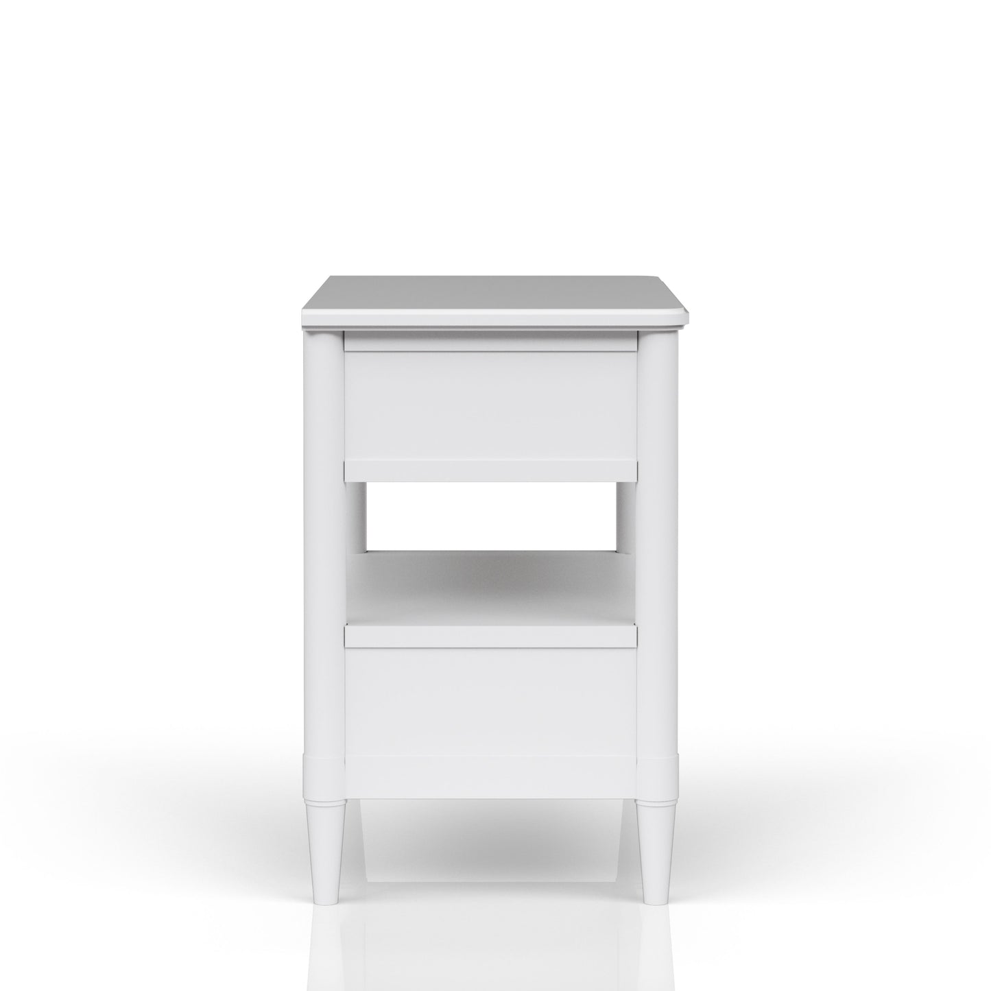 Modern white wooden bedside table with one drawer and an open shelf