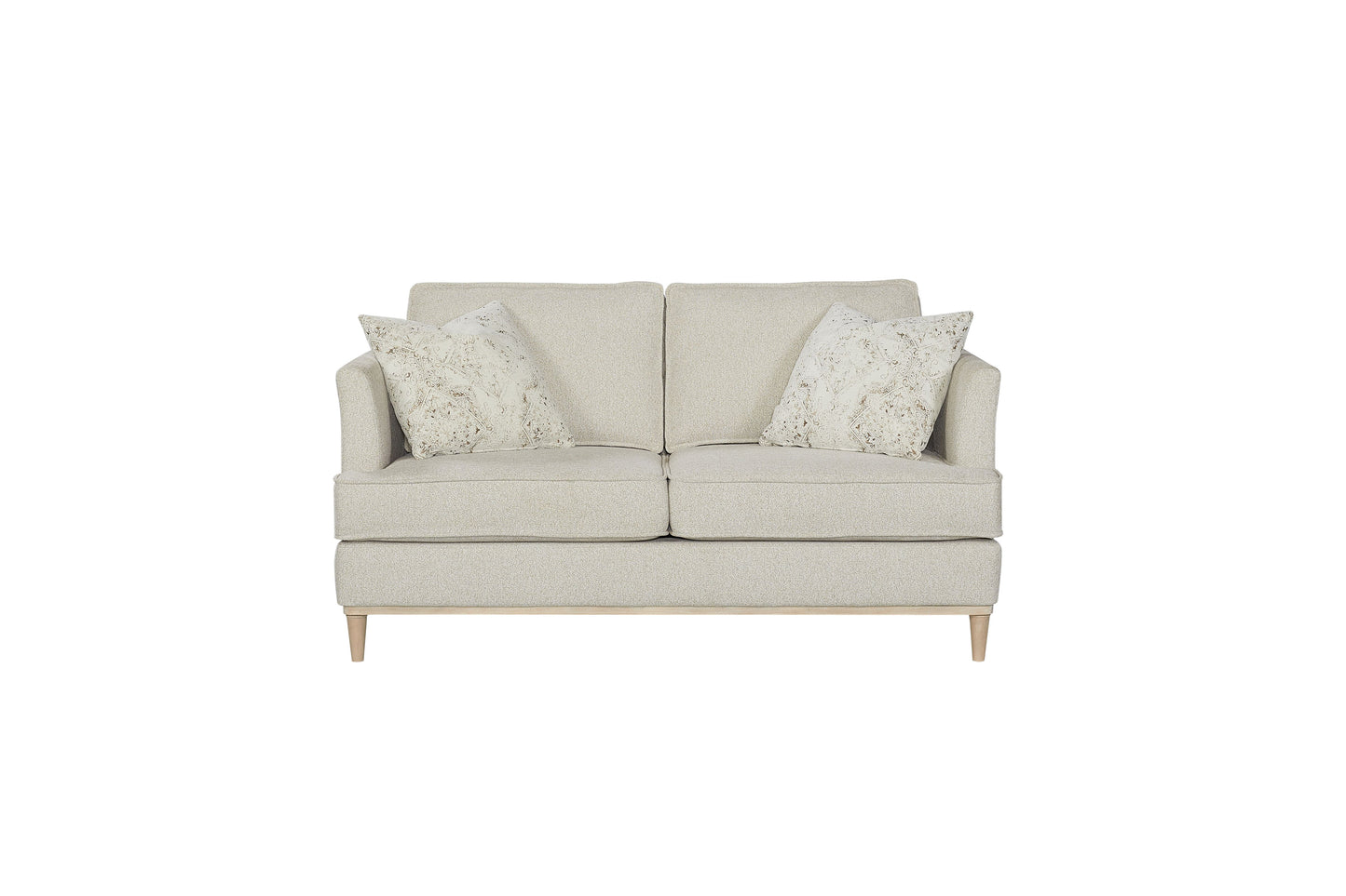Textured beige loveseat with two decorative pillows and light wood legs