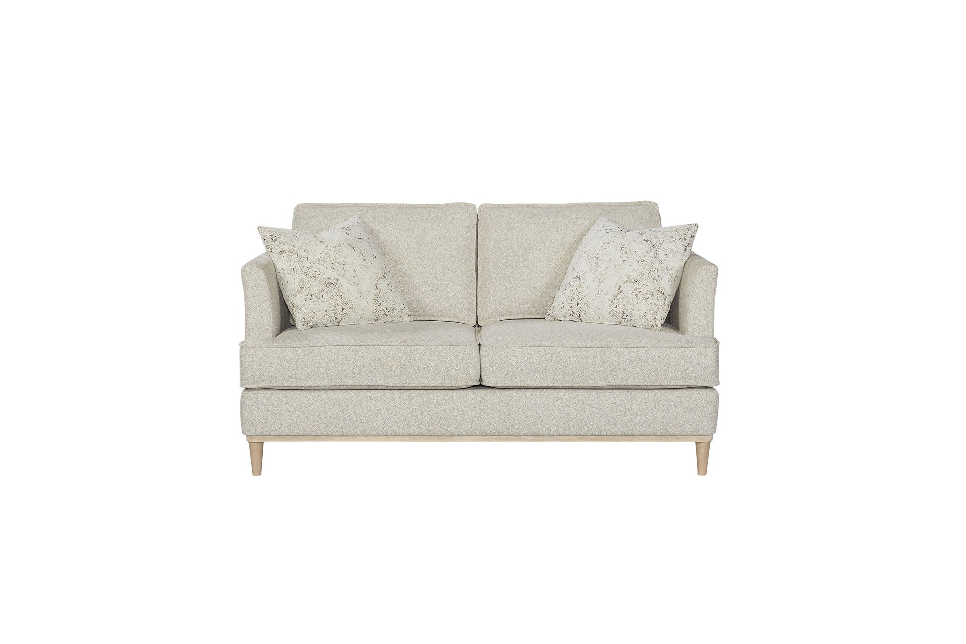 Textured beige loveseat with two decorative pillows and light wood legs