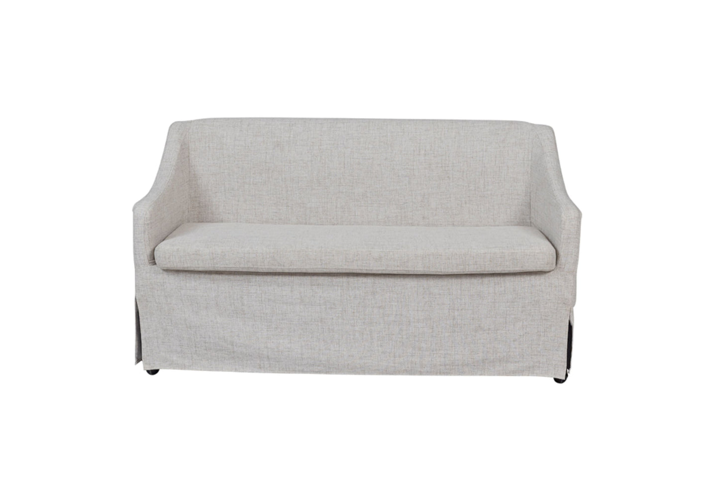 Light gray linen upholstered loveseat with skirted base and rolled arms