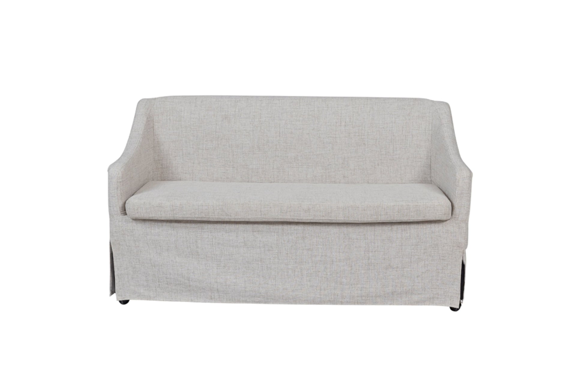 Light gray linen upholstered loveseat with skirted base and rolled arms