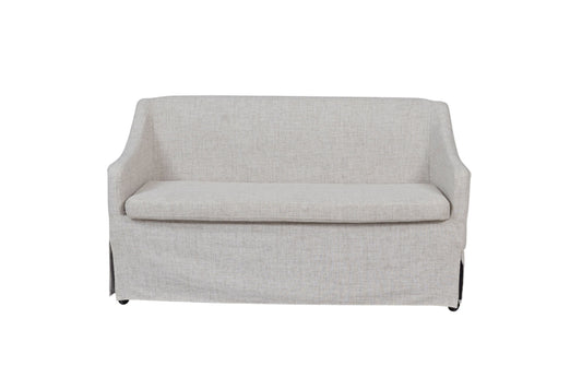 Light gray linen upholstered loveseat with skirted base and rolled arms