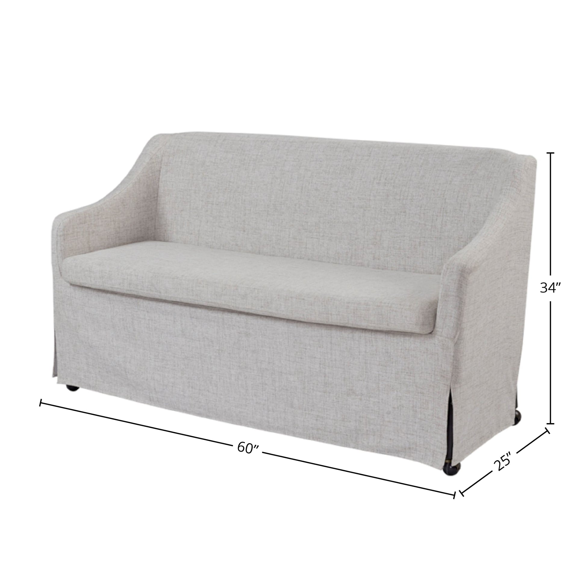 Light gray linen upholstered sofa with skirted base