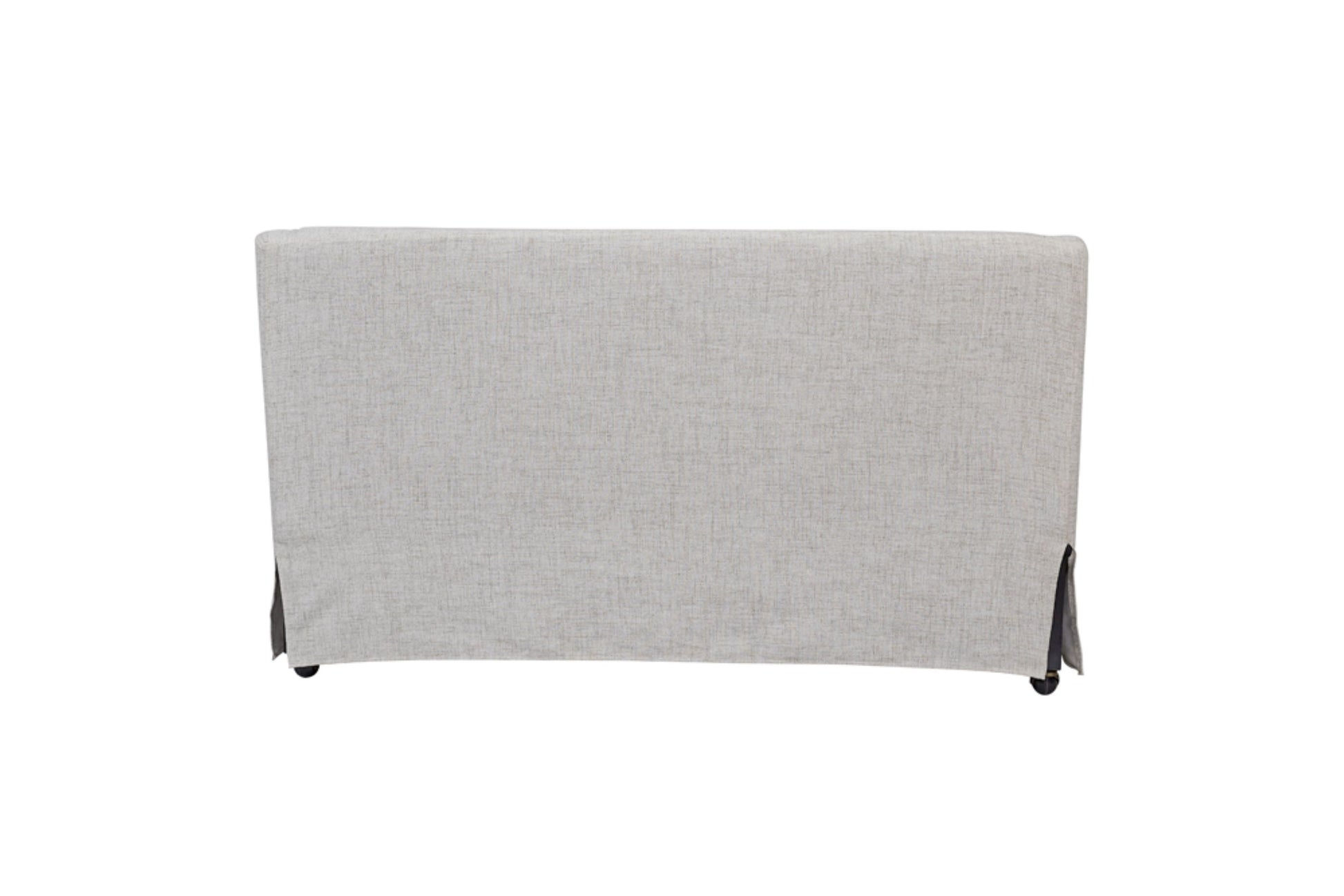 Light gray upholstered headboard with curved top and dark legs