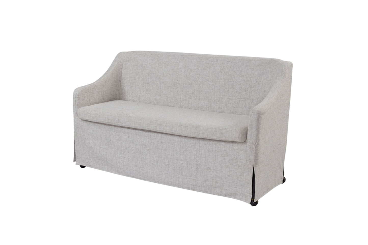 Light grey upholstered loveseat with a skirted base and rolled arms