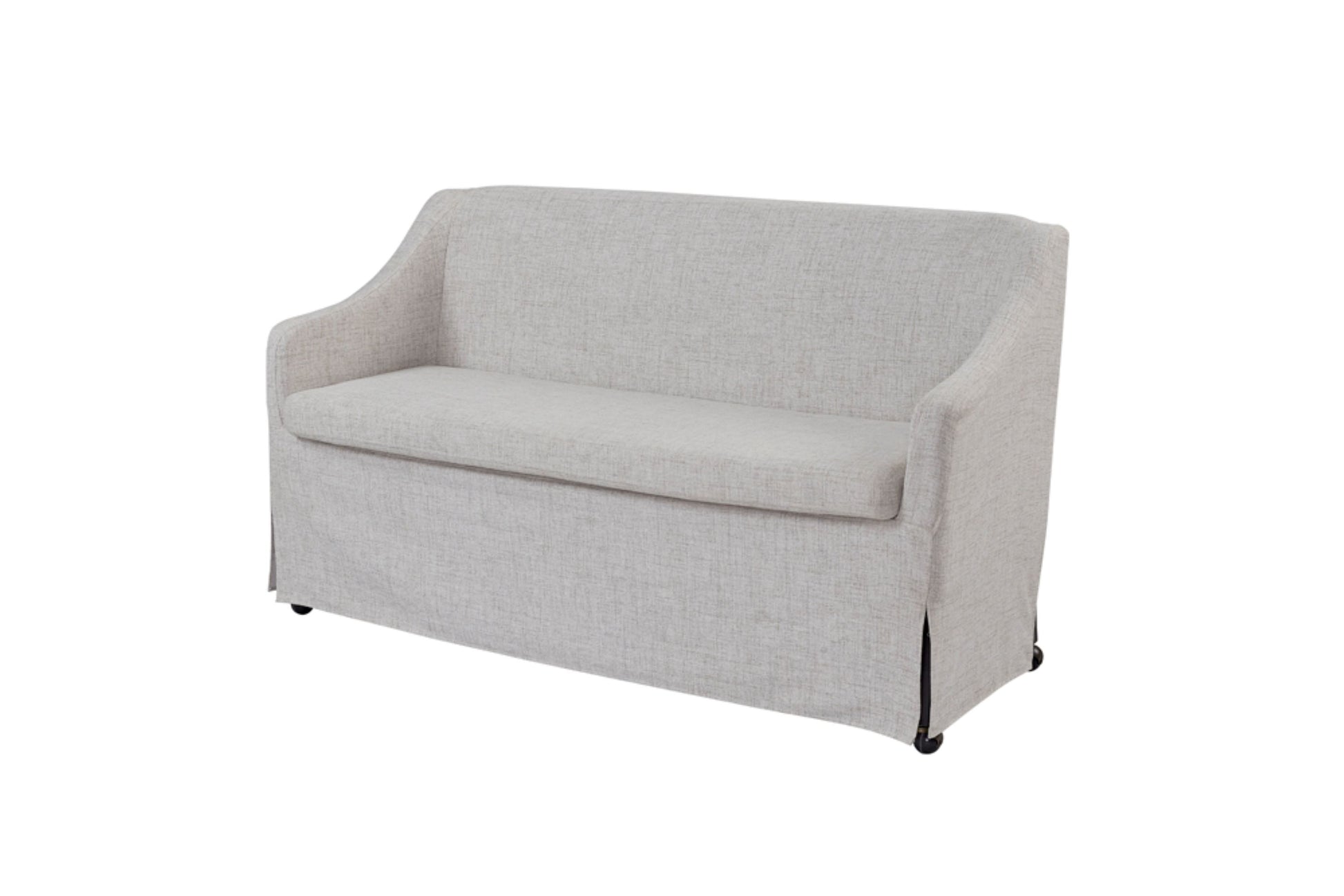 Light grey upholstered loveseat with a skirted base and rolled arms