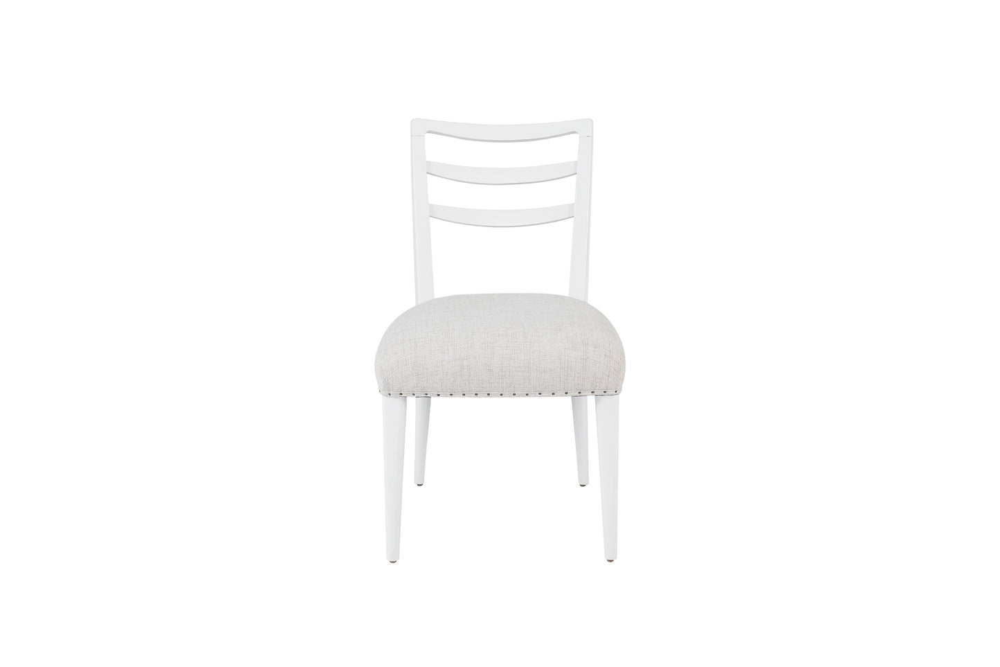 White dining chair with upholstered seat and ladder back