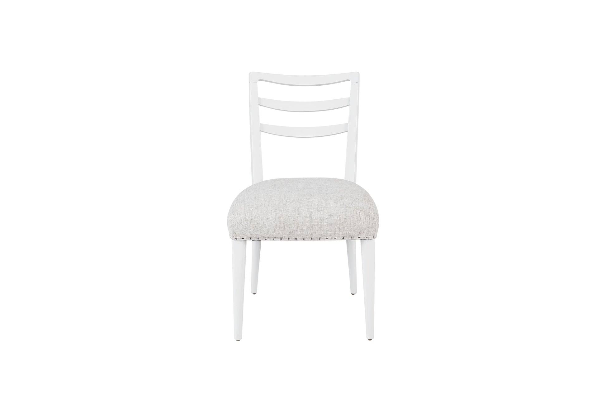 White dining chair with upholstered seat and ladder back