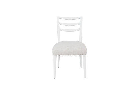 White dining chair with upholstered seat and ladder back