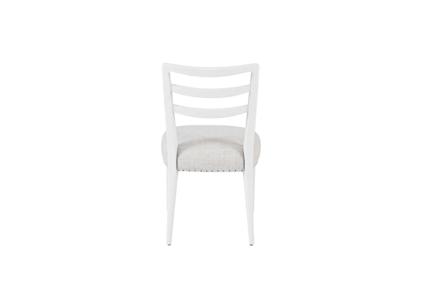 White wooden dining chair with upholstered seat and ladder back