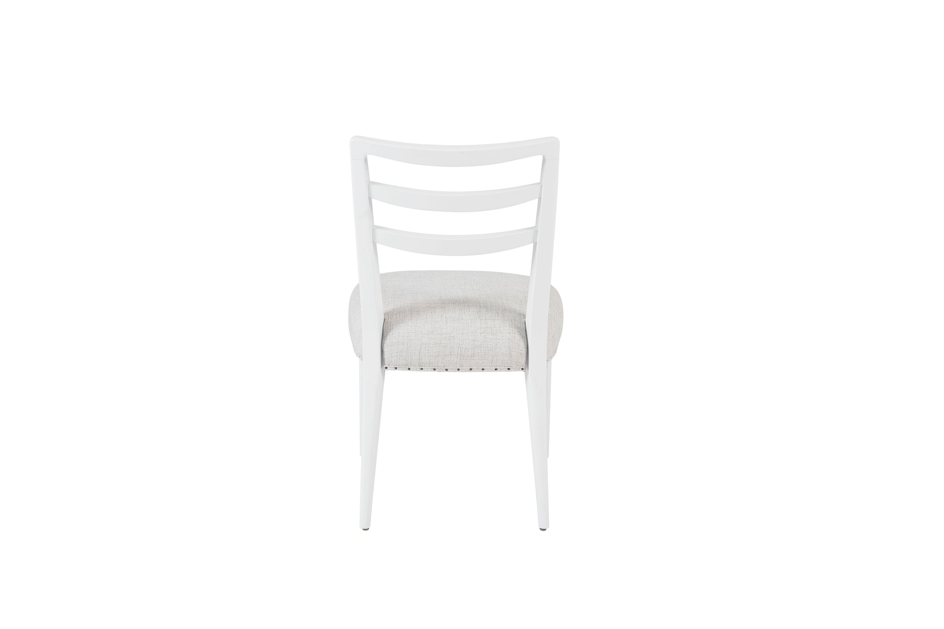 White wooden dining chair with upholstered seat and ladder back