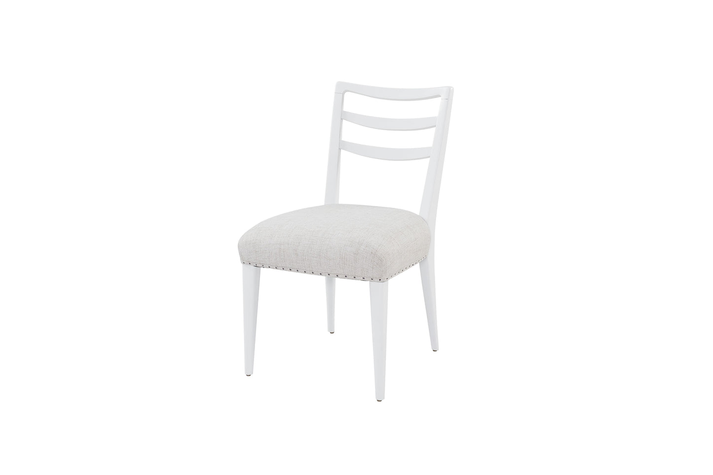 White modern dining chair with upholstered seat and nailhead trim