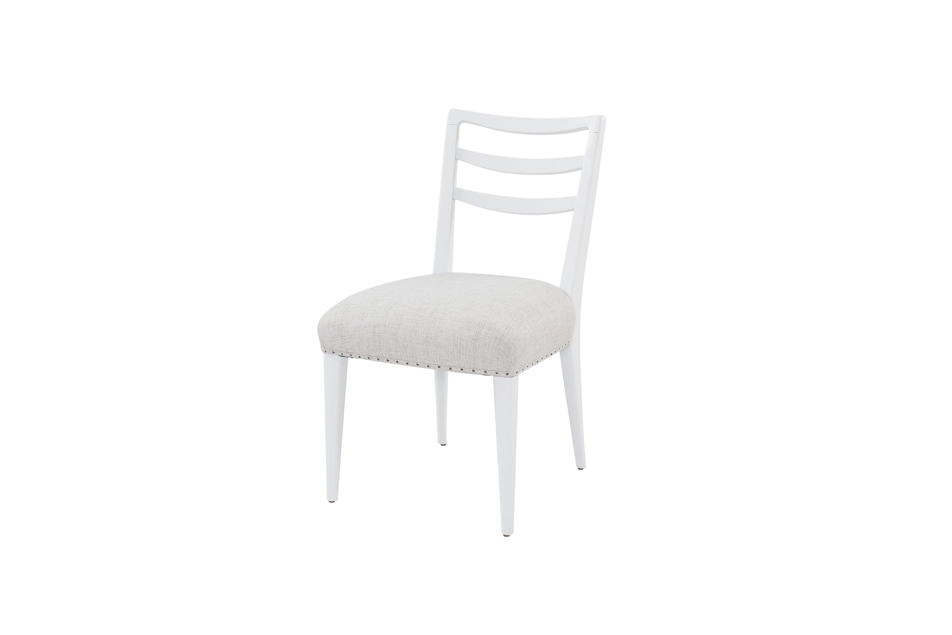 White modern dining chair with upholstered seat and nailhead trim