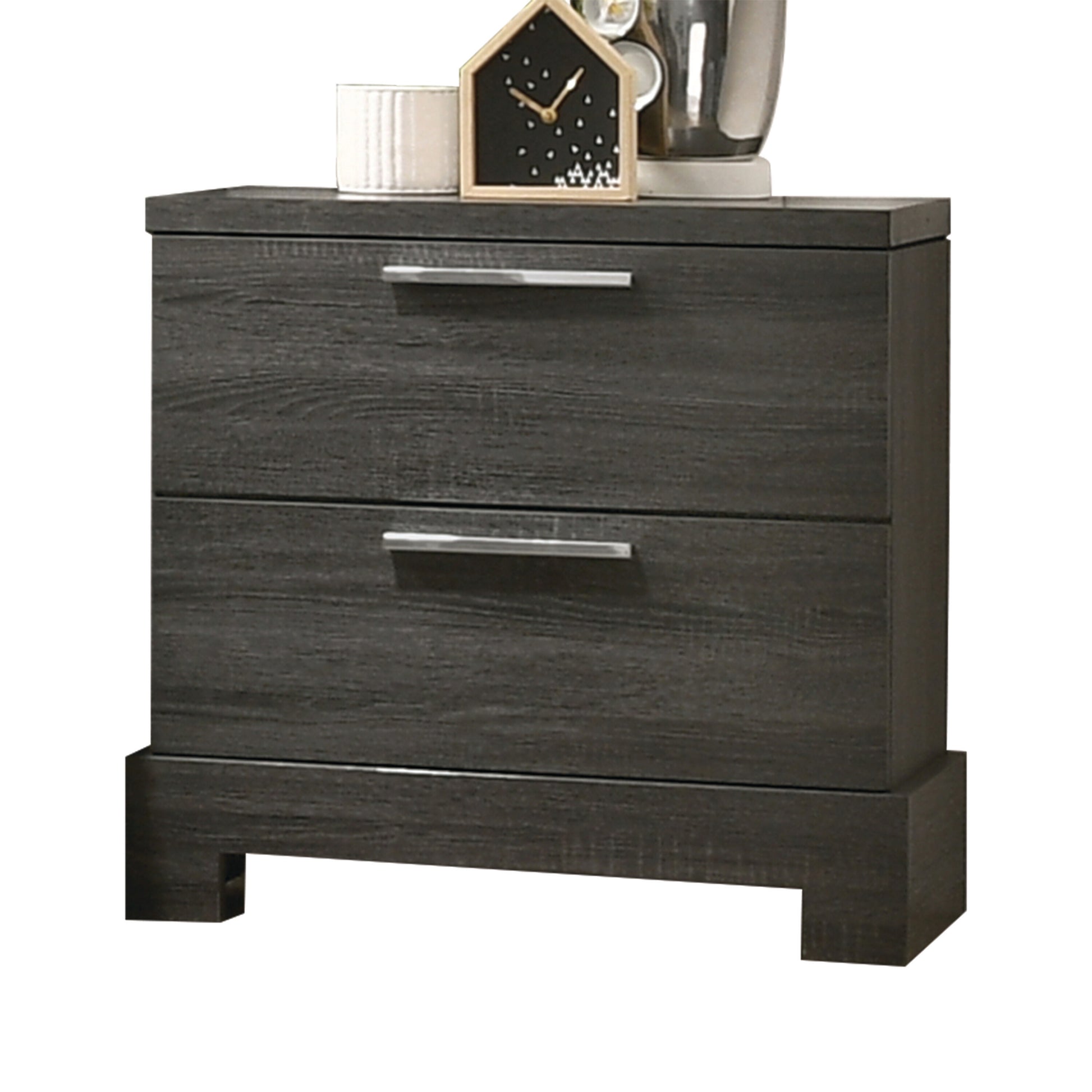 Dark gray wood grain twodrawer nightstand with silver bar handles