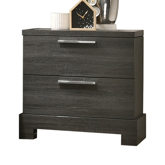 Dark gray wood grain twodrawer nightstand with silver bar handles