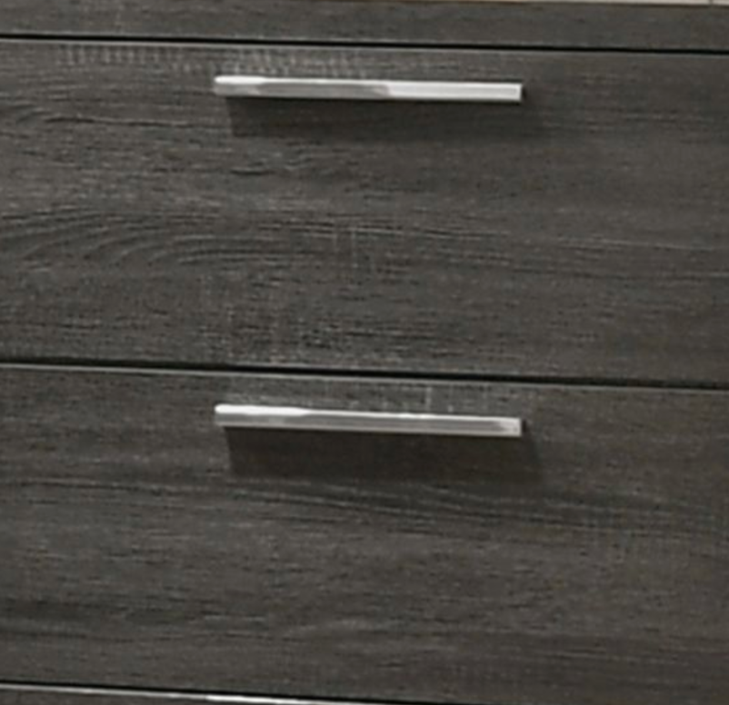 Dark gray distressed wood dresser with brushed nickel handles