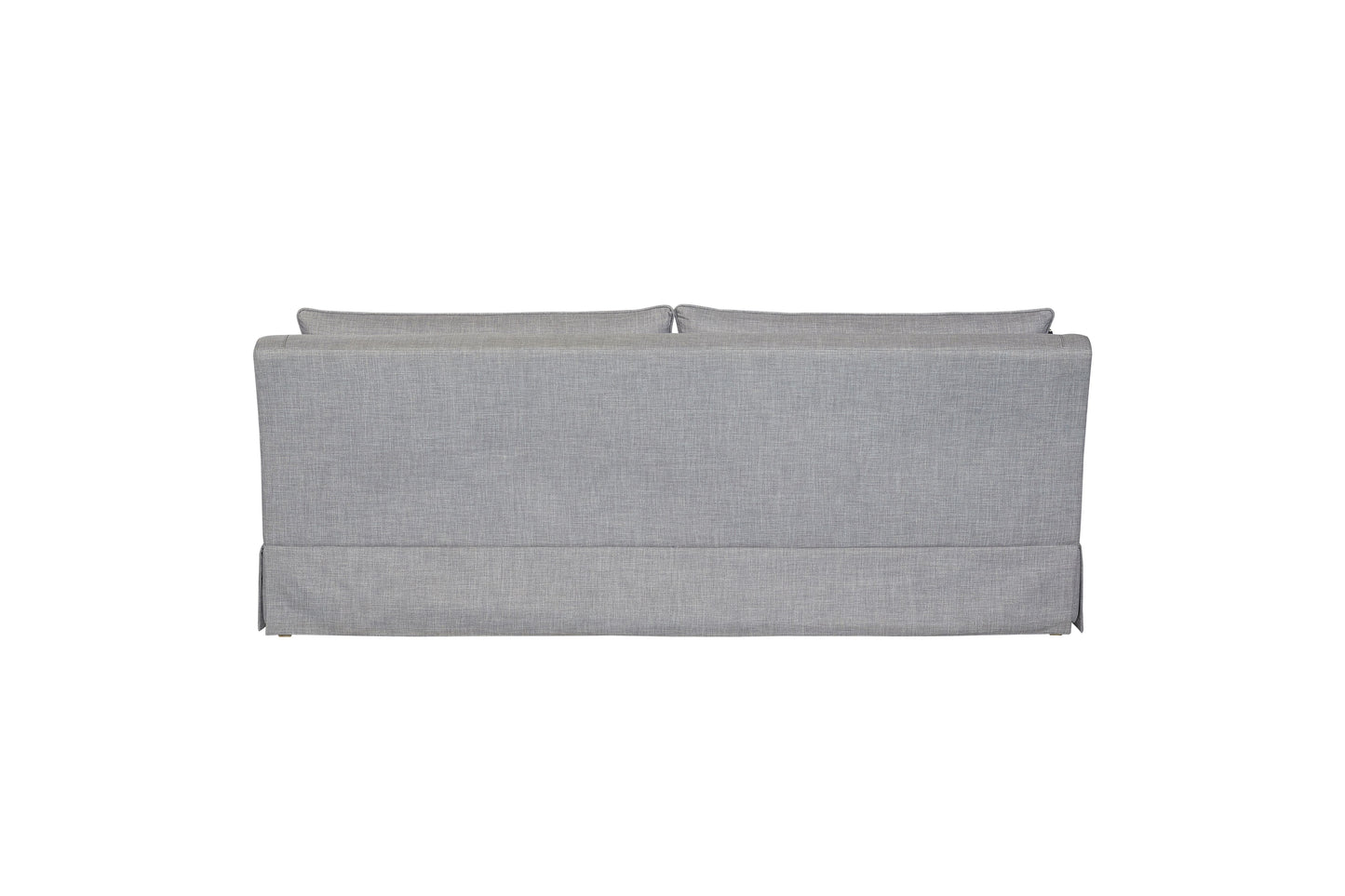 Grey upholstered sofa with modern straight lines and tailored skirt