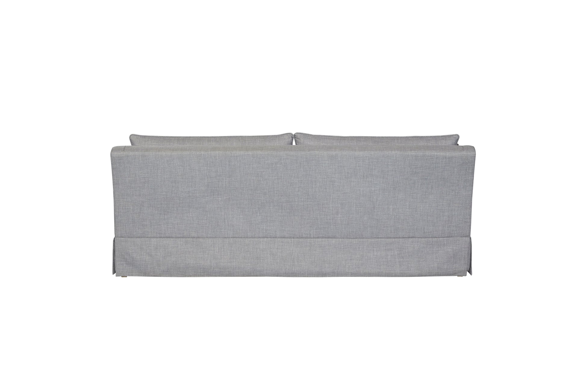 Grey upholstered sofa with modern straight lines and tailored skirt