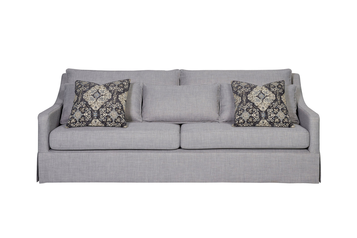 Grey linen sofa with patterned throw pillows