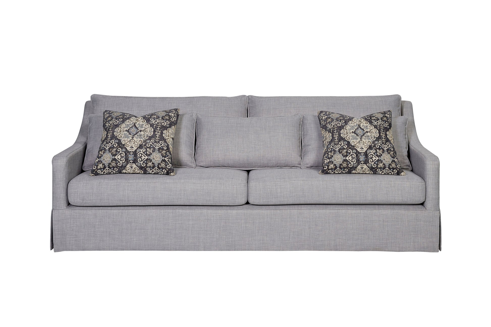 Grey linen sofa with patterned throw pillows
