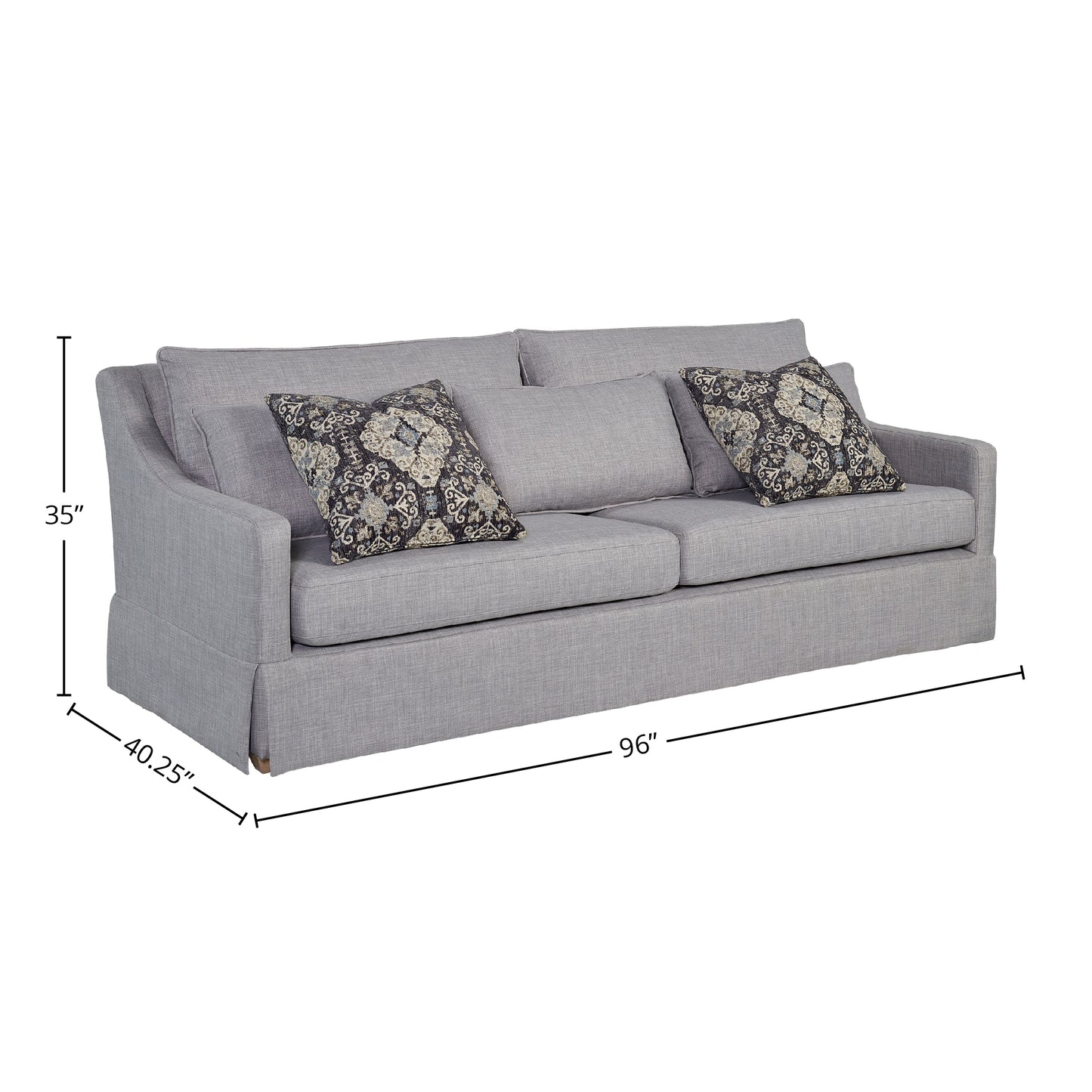 Gray linen sofa with patterned accent pillows  inches wide