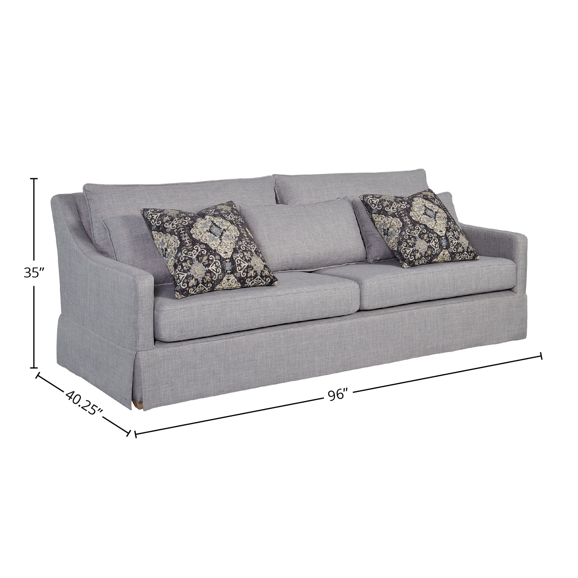 Gray linen sofa with patterned accent pillows  inches wide