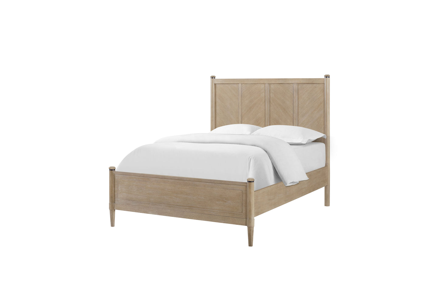 Light oak wood panel bed frame with white linens