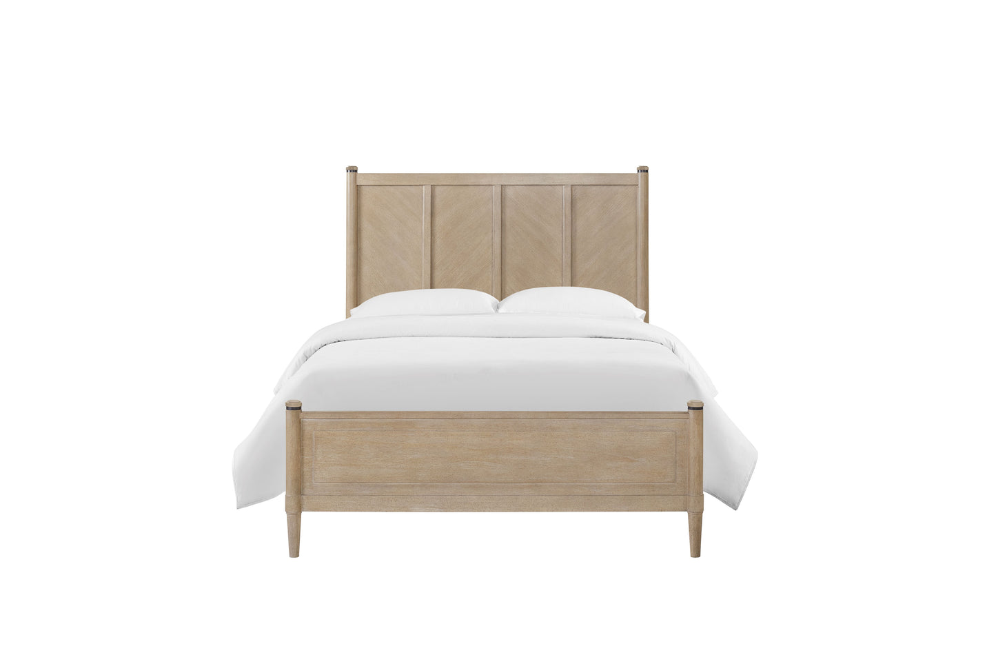 Light oak twin bed frame with paneled headboard and footboard
