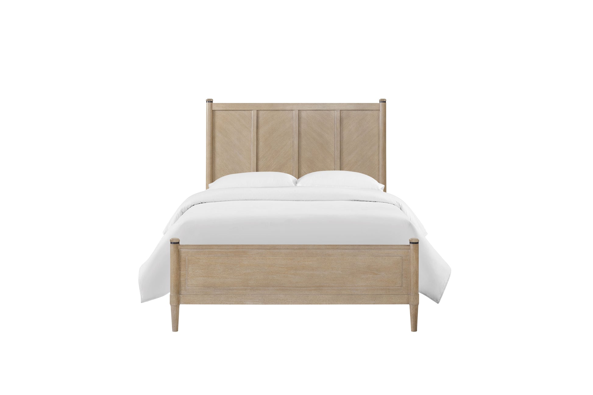 Light oak twin bed frame with paneled headboard and footboard