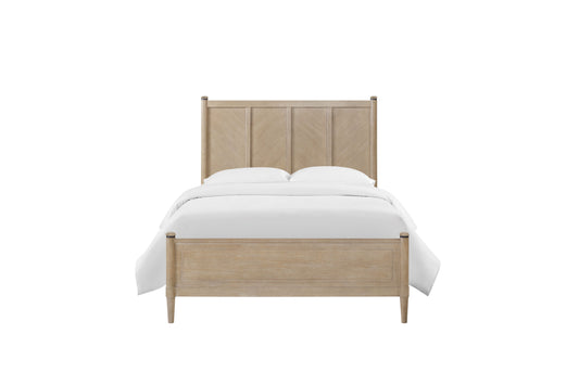 Light oak twin bed frame with paneled headboard and footboard