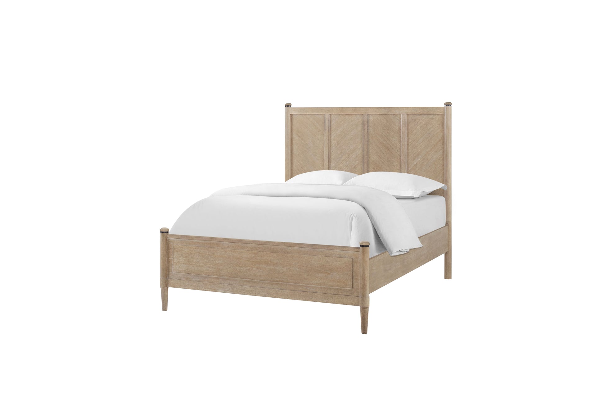 Light oak wood bed frame with chevron pattern headboard and white bedding