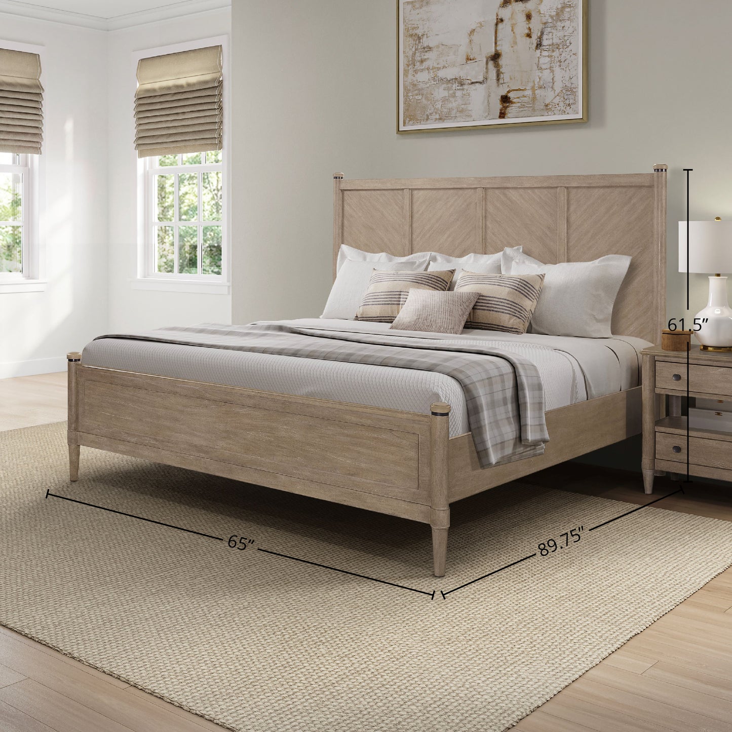 Light oak wood queen bed with textured headboard and footboard