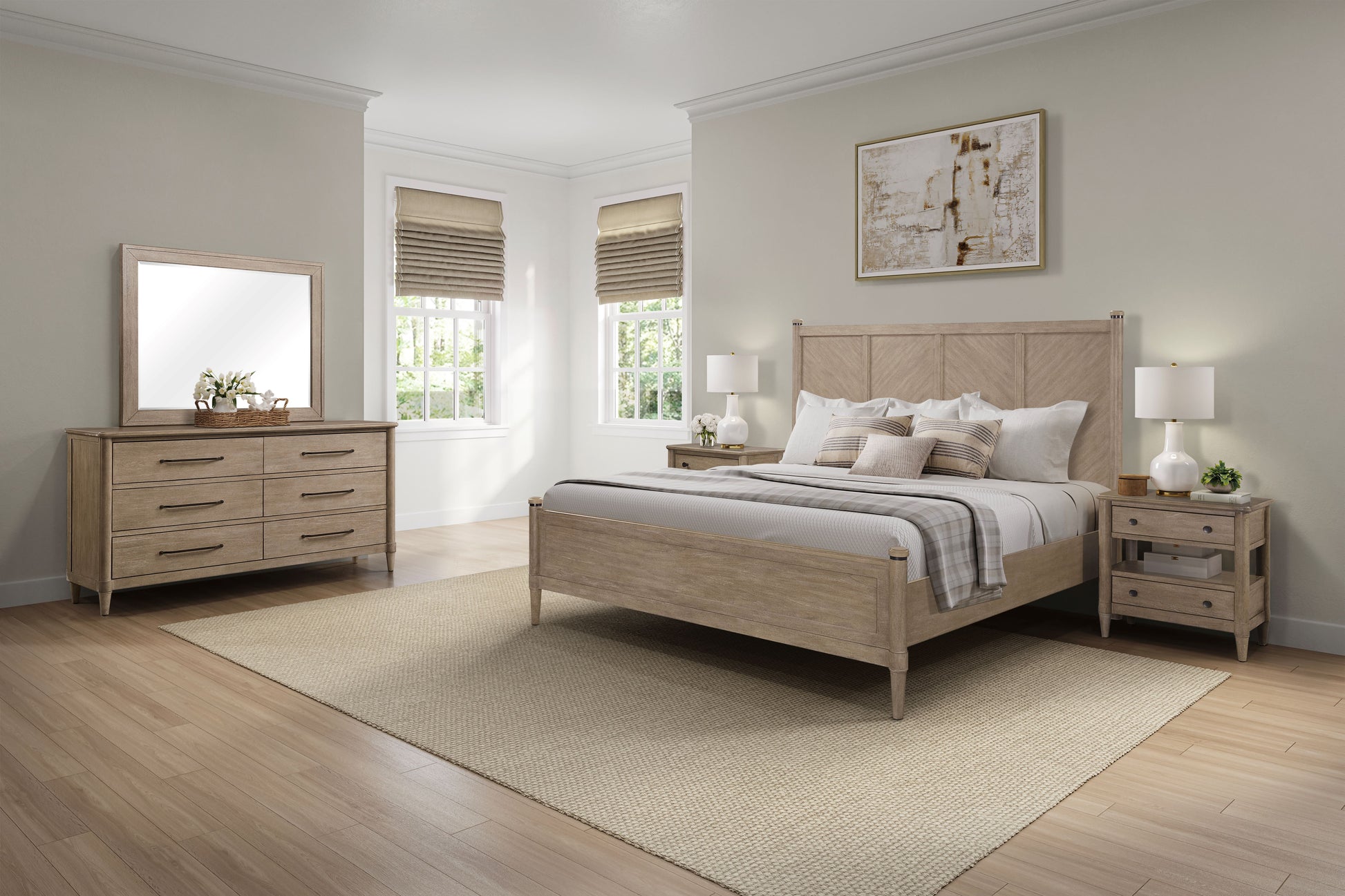 Light oak dresser with seven drawers and a mirror