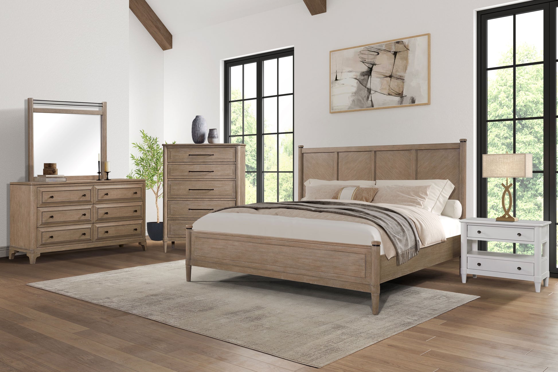 King size wooden bed frame with neutral bedding and accent pillows