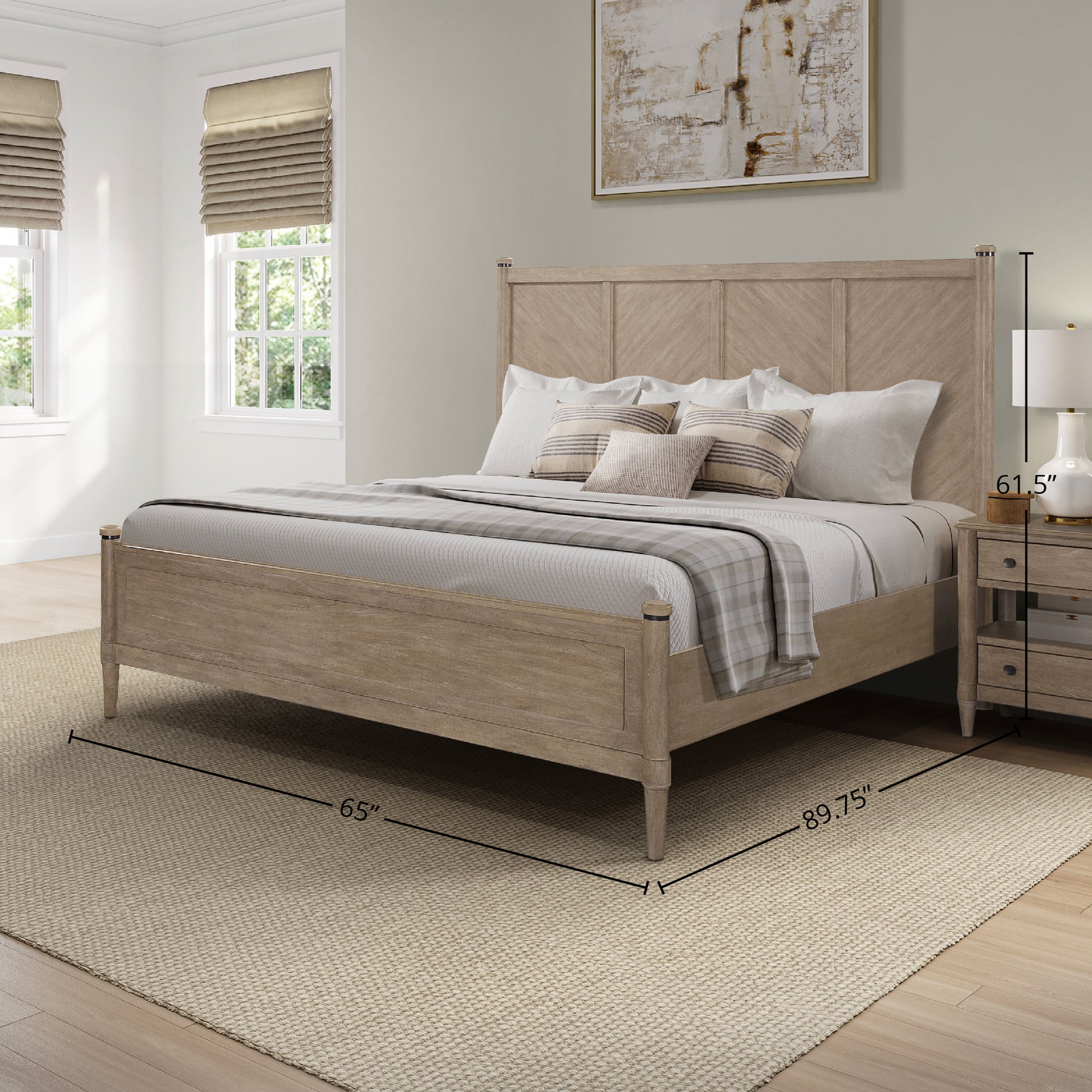 Rustic oak king bed with geometric headboard and paneled footboard