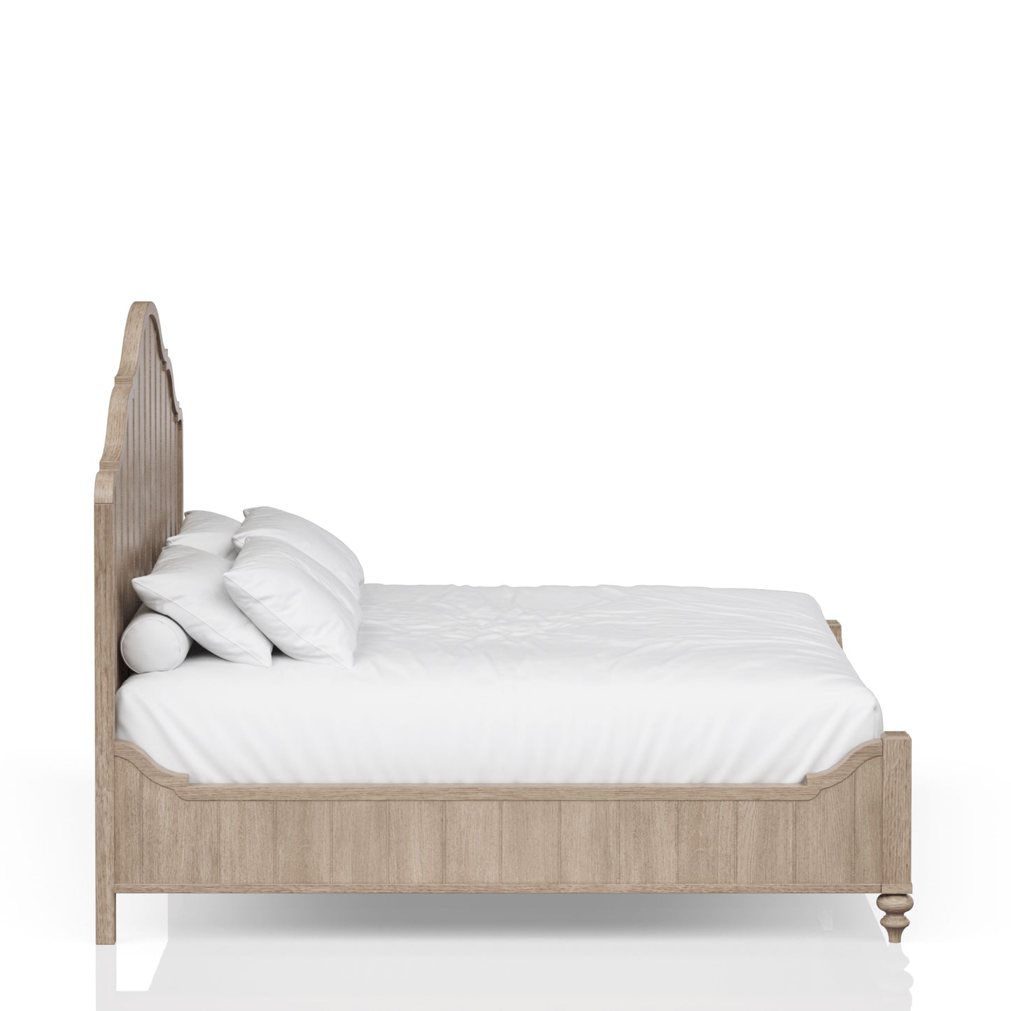 Light oak wood bed frame with decorative carved headboard and white linens