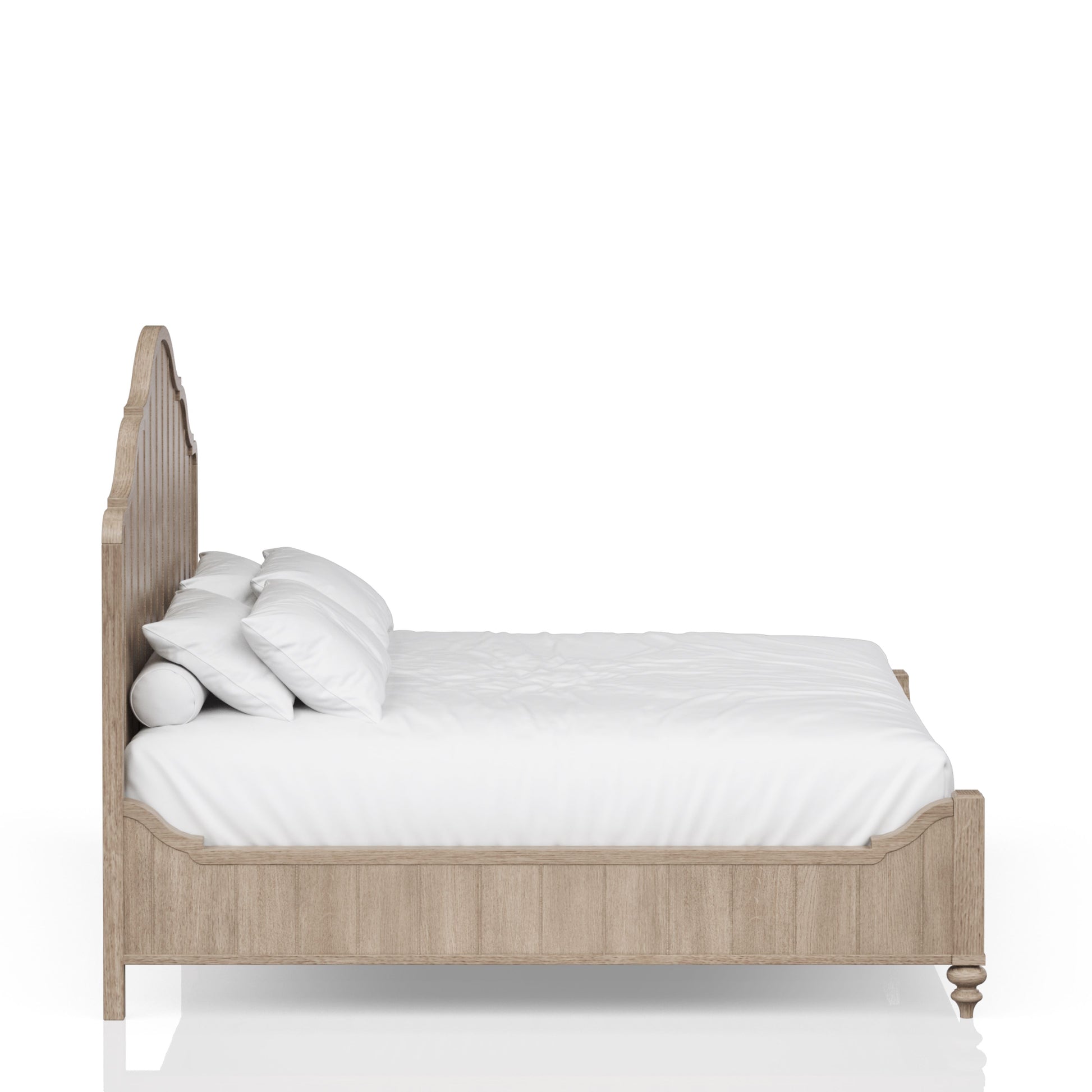 Light oak wood bed frame with decorative carved headboard and white linens