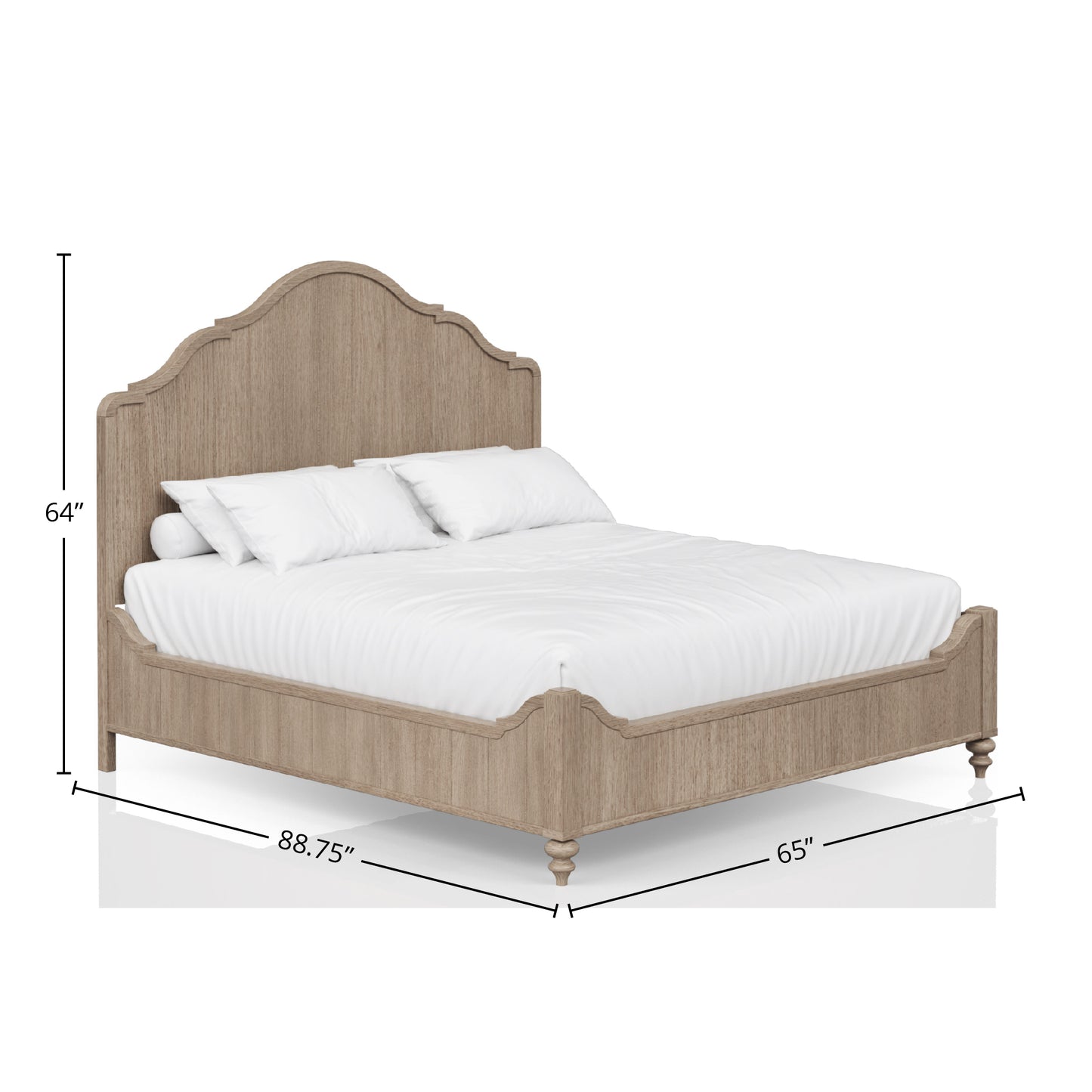 Rustic oak wood bed frame with carved details and upholstered headboard