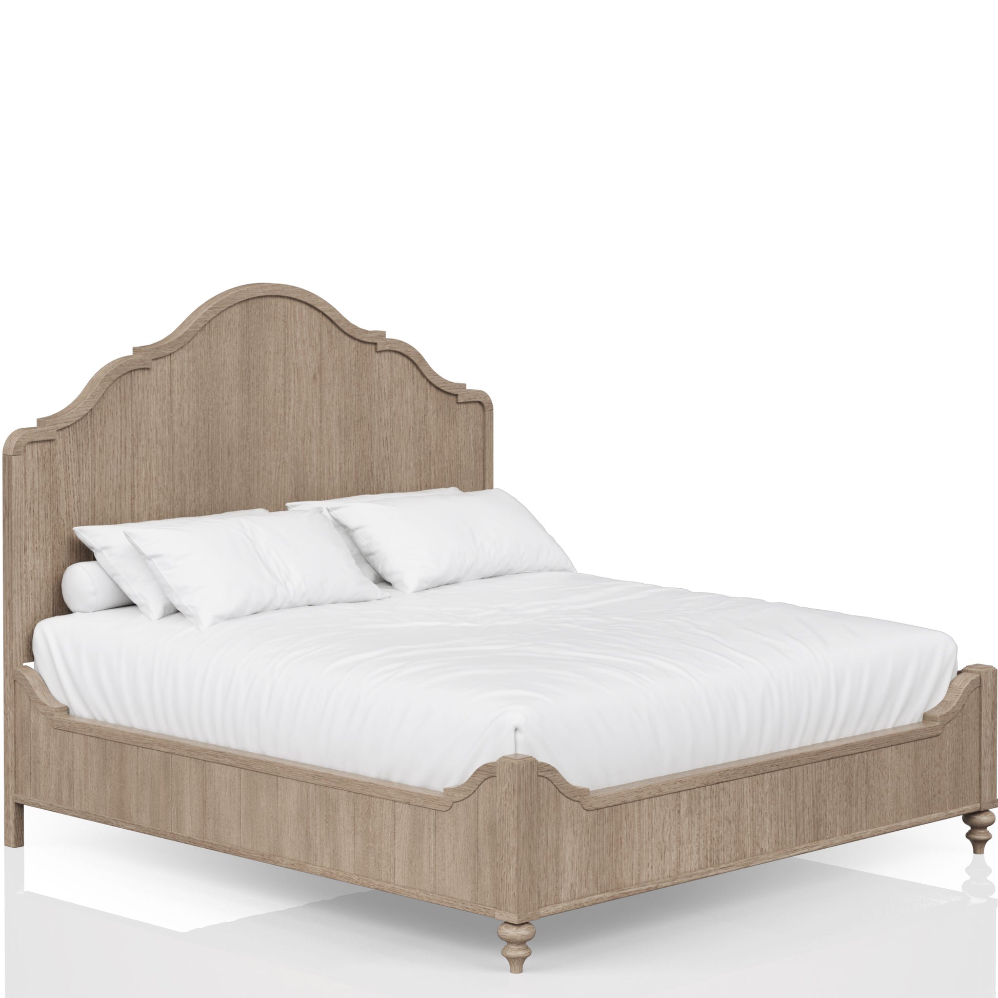 Rustic oak wood king bed frame with ornate headboard and white linens