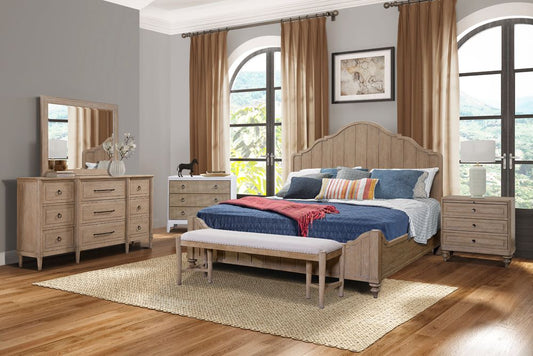 Rustic oak wood queen bed with carved headboard
