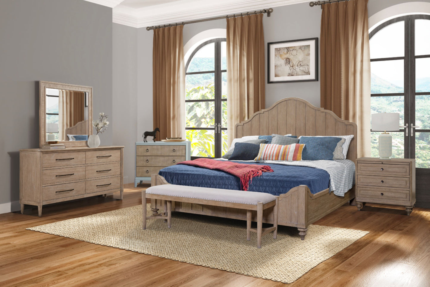 Rustic oak wood king bed frame with arched headboard and blue bedding