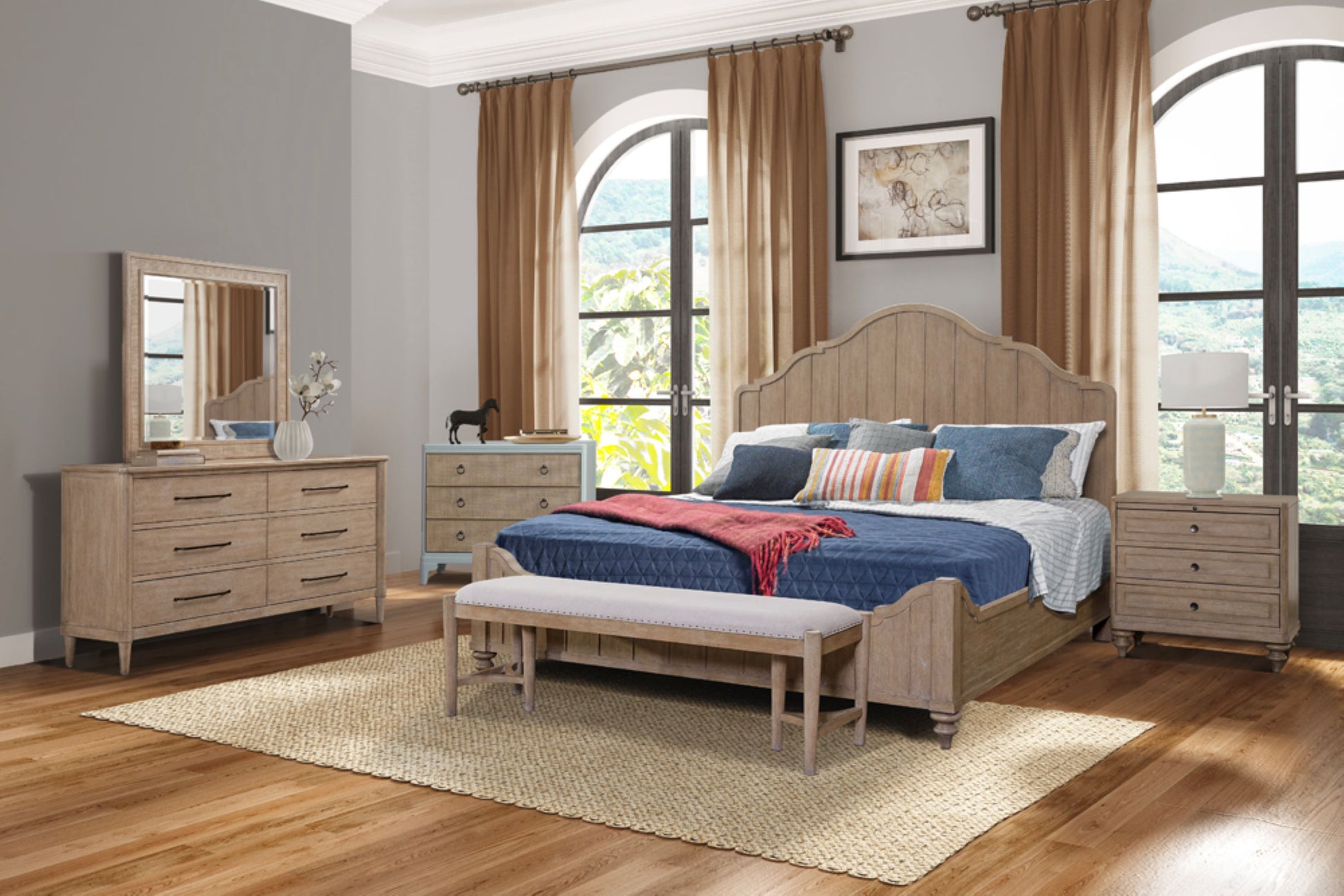 Rustic oak wood king bed frame with arched headboard and blue bedding